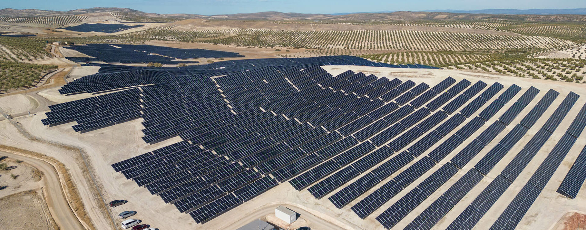 Airview of solar energy plant Jaen situated in a wide, dry area.